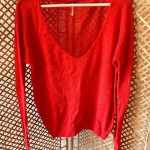 Free People Red V-Neck Sweater Lightweight Knit